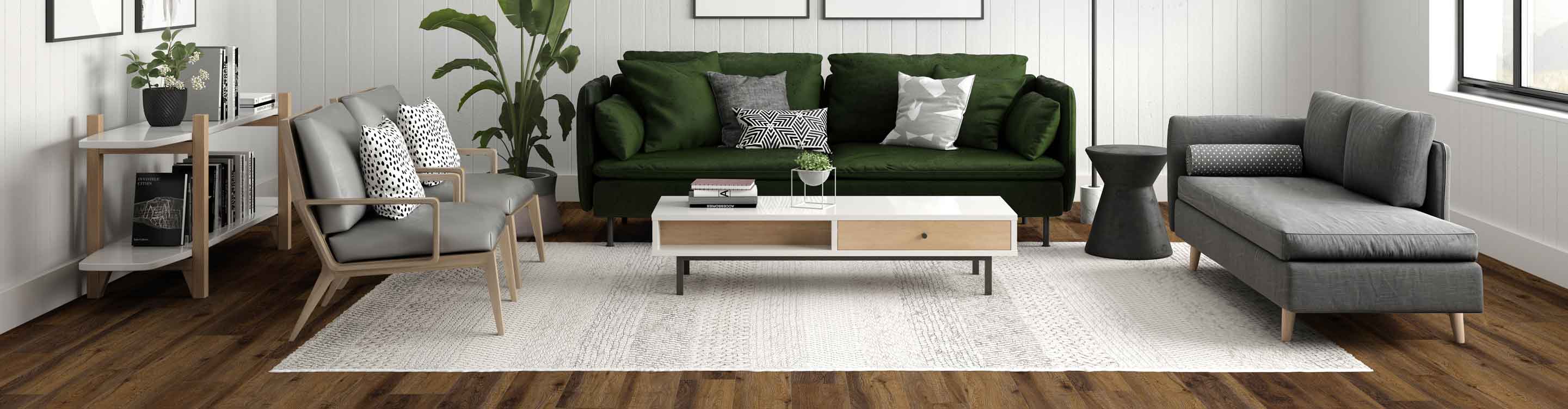 Fort Collins, CO, area rug in midcentury living room with green couch