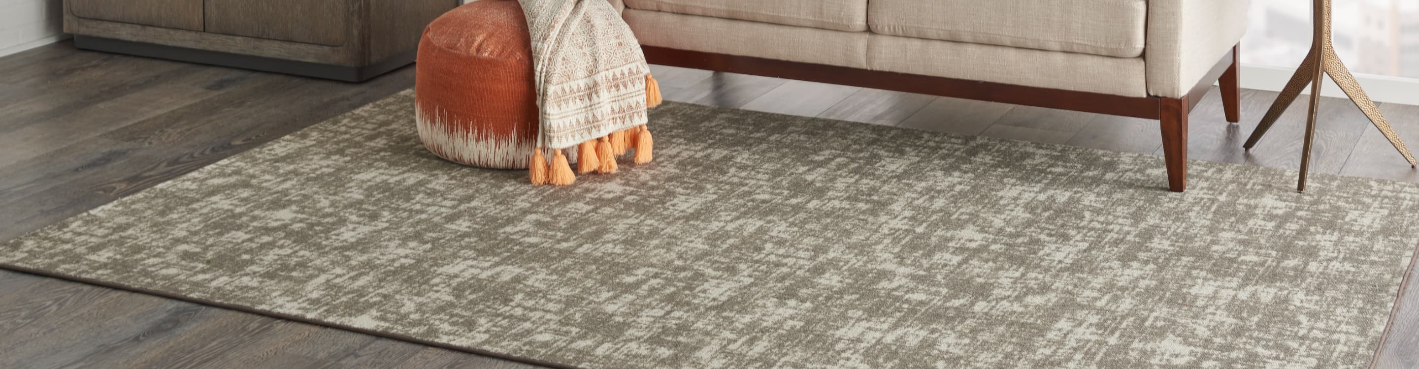 patterned carpet area rug on a wood-look floor