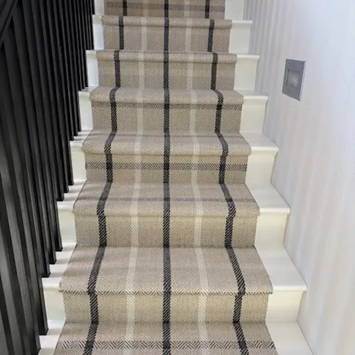 neutral plaid carpet stair runner 